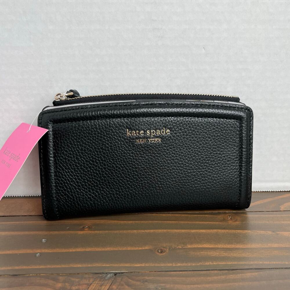 Kate Spade New York Knott Pebble Leather Slim Zip Wallet Black NWT